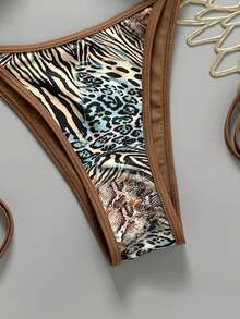 Swim Vcay 2026春夏女士红色抽绳吊带豹纹随机花卉沙滩贝壳装饰侧系带高衩性感比基尼套装 - 彩色 - 查看 5