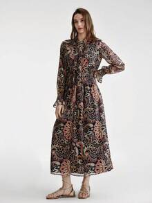 Aveloria Modichic Vestido de manga acampanada con estampado retro de contraste de color transparente, elegante y bohemio para vacaciones y viajes - Multicolor - Ver 3