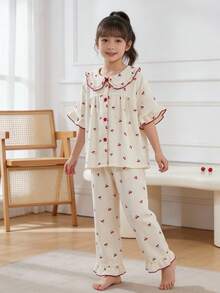 SHEIN 少女櫻桃印花短袖開襟衫與長褲2件式居家服套裝，彼得潘領荷葉邊下擺，粉色與白色，夏季，可愛，居家穿著，睡衣 - 杏色 - 查看 4