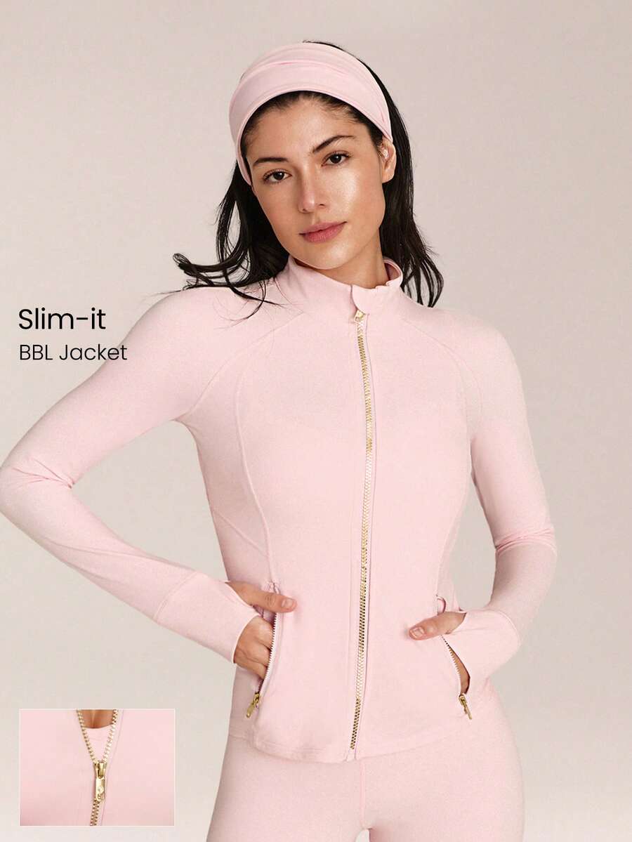 GLOWMODE FeatherFit™ 修身流线型性能安全口袋拉链长袖夹克，适合低强度瑜伽日常穿着，秋季穿着。 - 淺粉色 - 查看 1
