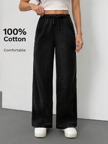 SHEIN Tall Quần ống rộng chất liệu 100% cotton, kiểu dáng thoải mái, đa năng, có túi, phù hợp cho mùa thu/đông và xuân/hè. - màu đen - Xem 3