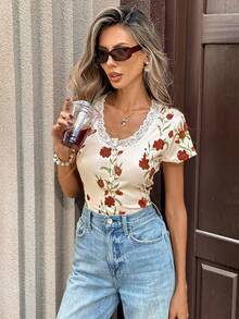 Pariaura Women's New Lace Trim Collar Button Front Fitted Short Printed Top - Apricot - View 5