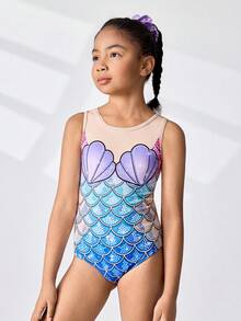 少女花样游泳体操服，美人鱼和海洋元素印花图案，数码印花全幅设计，优雅大方，适合游泳、健身和运动。 - 彩色 - 查看 9