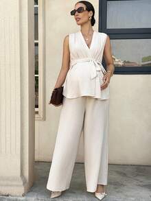 MaterniWear Bộ đồ bầu 2 món màu trơn, kiểu dáng thường ngày, gồm áo tank top không tay và quần dài, thích hợp cho mùa hè. - Màu be - Xem 7