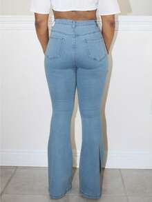 Steph T 拉链门襟喇叭腿牛仔裤，女士休闲纽扣，口袋，拉链高腰喇叭腿长款灰蓝色棉质常规版型女式牛仔裤，春/秋，休闲日常穿着 - 霧霾藍 - 查看 2