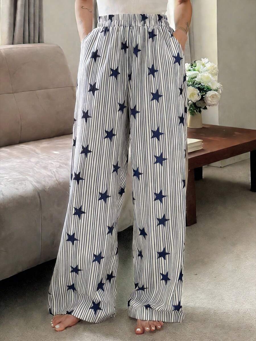 DAZY Quần pajama dài ống rộng dáng suông in họa tiết sọc và sao dành cho nữ - Màu xanh hải quân - Xem 1