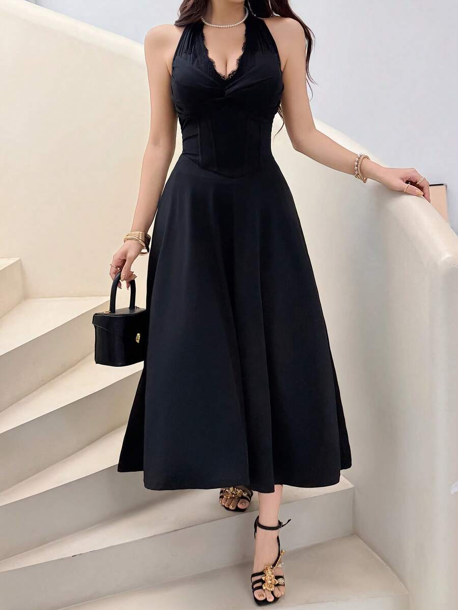 Feyla Women's Solid Color Lace Patchwork Backless Halter Dress