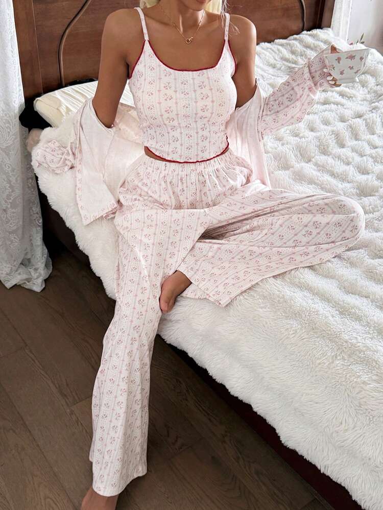 3pcs/Set Ditsy Floral Contrast Trim Women Pajama Set