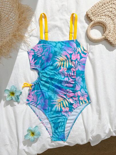 SHEIN Teen Girls' Fashionable Delicate Tropical Leaf Print Hollow Bowknot Decor One-Piece Swimsuit, Suitable For Beach & Resort In Summer