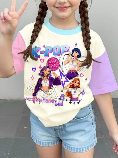 Tween Girl Round Neck Cartoon Letter Print Short Sleeve T-Shirt, Suitable For Summer, School, Sports, Outdoor Picnic, Casual Wear, Home
