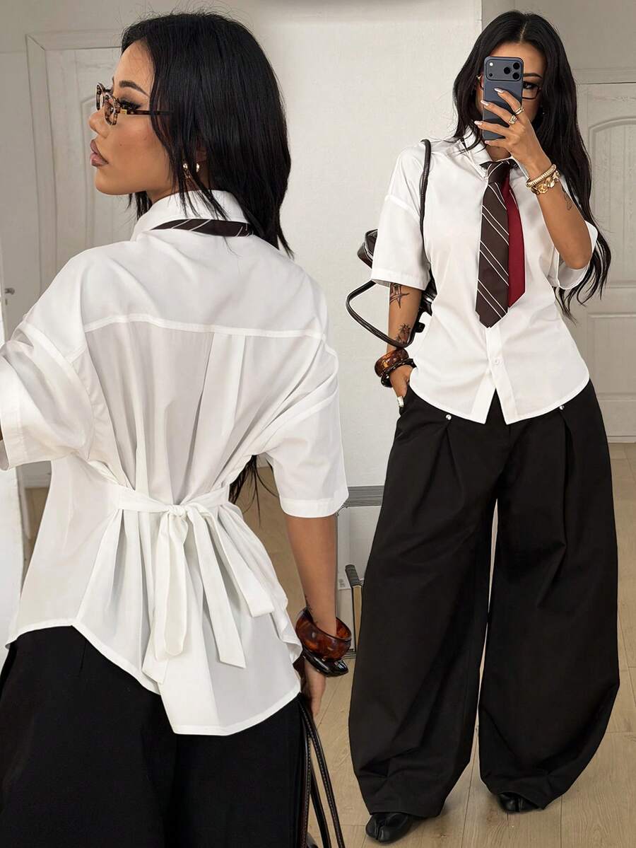 Coolane 女士春夏街头风返校复古学院风商务休闲办公装基本款时尚吊带褶皱白色宽松修身衬衫 - 白色 - 查看 1