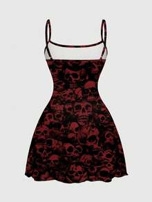 ROMWE Goth 哥特式骷髅印花性感吊带迷你连衣裙，女士春夏款 - 黑色 - 查看 2