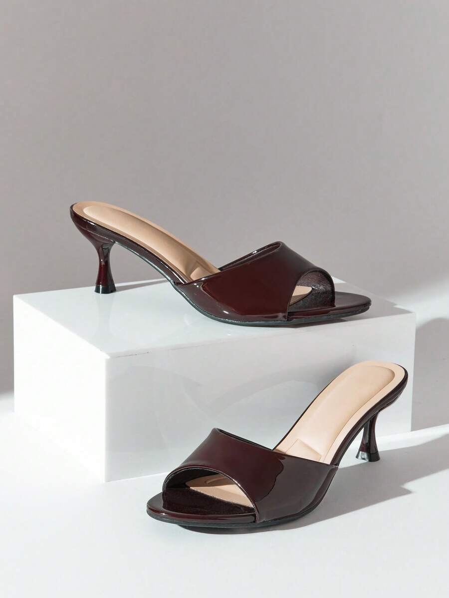 SHUZIA Sandal nữ tối giản gót thấp, mũi nhọn, chất liệu PU bóng. - màu nâu - Xem 1