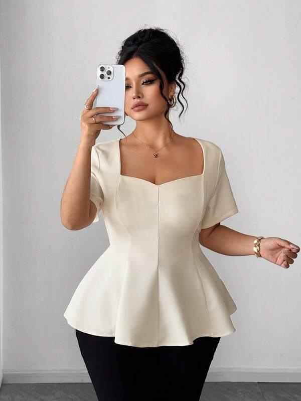 Elenzga Blusa de mujer de manga corta con cuello Mao, cuello cuadrado, cintura ceñida, bajo elástico y corte evasé, color albaricoque, elegante, estilo retro francés, minimalista, versátil, casual y formal para oficina, viajes y primavera/verano