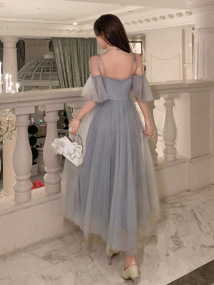 Women's Elegant Bridesmaid Dress With Lace Patchwork And Ruffle Hem, Mid-Length Sleeveless Dress For Summer