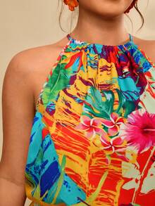 Travachic 大码女式热带植物印花时尚吊带连体裤 - 亮橙色 - 查看 6