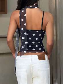 FavEase Black & White Polka Dot Mesh Print Ribbon V-Neck Camisole Top, Women's Spring/Summer , Fashionable Commuting, Minimalist Elegant Cute Retro Teacher/Student/Date/Casual Versatile - Black - View 2