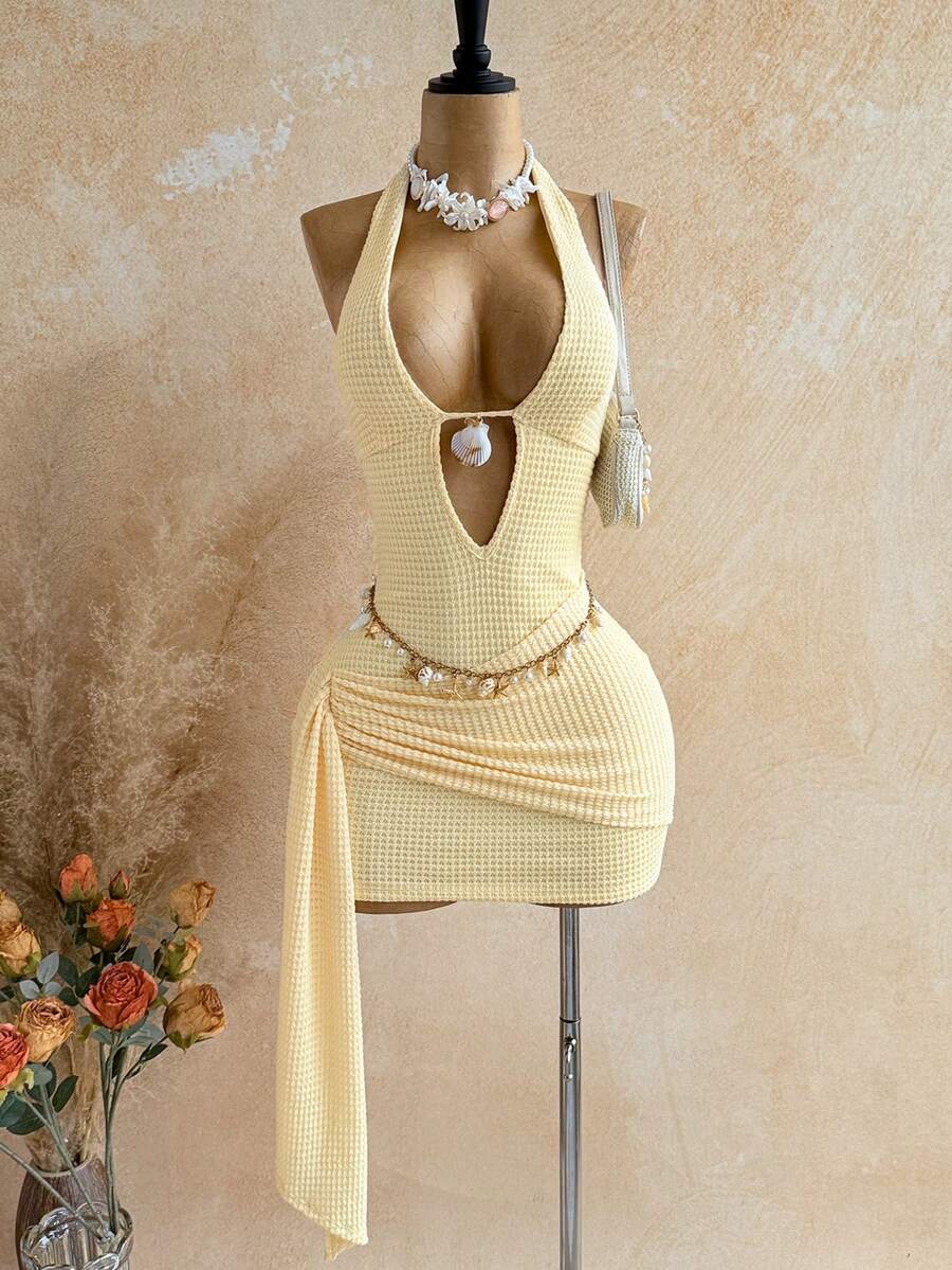 Soleia Sexy V-Neck Cross Decor Hollow Out Halter Backless Textured Fabric Multi-Layer Irregular Hem Mini Dress, Suitable For Party, Christmas, Date, Nightclub, Beach, Cruise, Afternoon Tea, Bohemian, Boho, Vacation, Fall Women Clothes, Vintage,Summer Yellow Halter Dress Yellow Sexy Dress Butter Yellow Dress Waffle Knit Dress , Outfit , Blue Dresses For Women Vacation Outfits Women Butter Yellow Mini Dress Halter Mini Dress,Summer Dress,Vacation Dress,Summer Outfit For Women , Festival Outfits, Graduation,Vacation Outfits Women, Yellow Dresses For Women,Work Outfits For Women , Beach Outfit For Women - Light Yellow - View 1