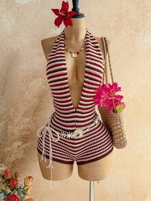 Soleia Women's Striped Pattern Halter Neck Bodycon Sexy Sleeveless Sweater Jumpsuit - Multicolor - View 6