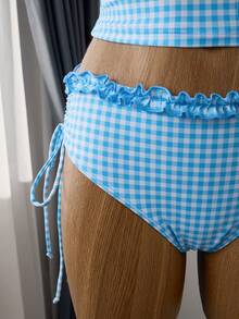 Swim Vcay Women's Tankini 2-Piece Swimwear Set, Plaid Print With Ruffle Trim, Halter Neck Tie Top And Drawstring Bottoms, Summer Beach Swimwear - Blue - View 5