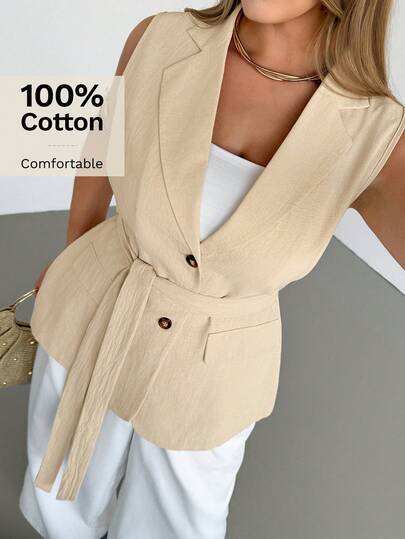 Auralis Plus Size Women's Spring And Autumn Fashion Casual Loose Comfortable Daily Gray Suit Vest Jacket, Old Money Style,Work Wear,Business Casual Women,Fall Outfit,Office Outfits For Women/Breathable Spring Sleeveless Suit Vest/Apricot Suit/Waist Tie/Adjustable Belt