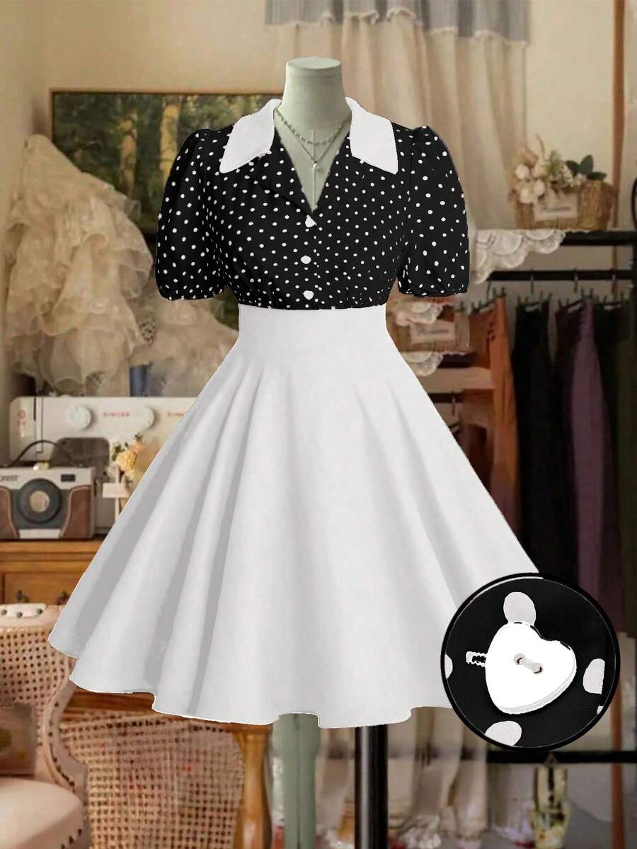 Sweetra Plus Size Spring/Summer Polka Dot Patchwork Solid Color Mini Dress - White - View 1