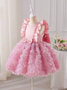 SHEIN Glamorique Kids Đầm công chúa cho bé gái, họa tiết hoa 3D, đáng yêu và tinh nghịch, đầm dự tiệc cho bé gái, đầm sinh nhật, đầm cưới, đầm lễ hội, đầm thanh lịch, lưng khoét, nơ lớn phía sau, đầm màu hồng nhạt. - Bụi hồng - Xem 9