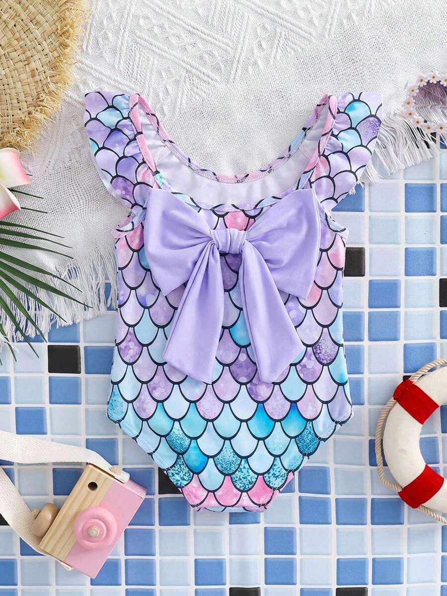 Emery Rose Kids Emery Rose Kids 女童粉色荷叶袖蝴蝶结连体泳衣，姐妹装 - 紫色 - 查看 1