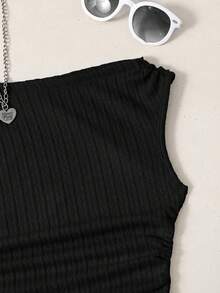 SHEIN Teen Girl Splice Casual Asymmetric Shoulder Textured Fabric Camisole - Black - View 3