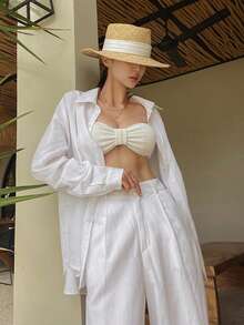 DAZY Relaxed Loose Long Sleeve Shirt And Wide Leg Pants 2 Pieces Set For Women - White - View 8