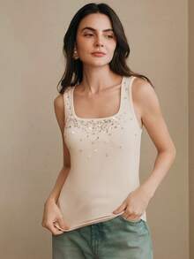 Anewsta Áo hai dây không tay cổ vuông đính đá lấp lánh thủ công thanh lịch dành cho nữ, thích hợp cho mùa xuân. - Màu be - Xem 4