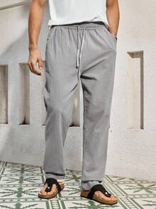 Mercer Haus Men's Breathable Thin Linen Loose Casual Sports Pants, Suitable For Beach, Spring/Summer , Suitable For Summer Tropical Holiday Vacation In Hawaii. - Light Grey - View 4