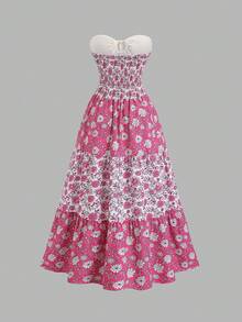 Sweetra Spring & Summer Beach Vacation Knitted Halter Tie-Up Patchwork Floral Woven Cinched Waist Dress For Women - Hot Pink - View 4
