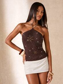 SHEIN BAE 性感闪亮串珠刺绣吊带上衣，适合在法国南部海滩度假、意大利海滩穿着，款式多样，包括沙滩上衣、串珠上衣、装饰上衣、复古上衣、音乐节和派对等场合。 - 棕色 - 查看 5