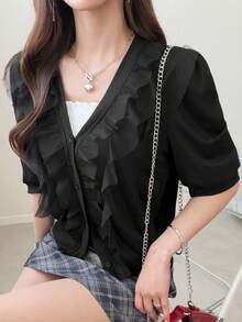 FRIFUL Women's V-Neck Multi-Layer Mesh Ruffle Trim Sweet Short Sleeve Cardigan T-Shirt - Black - View 2