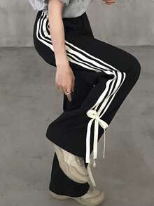 FRIFUL Celana Kasual Olahraga Wanita Motif Garis-Garis Patchwork dengan Pinggang Elastis - Hitam - View 4