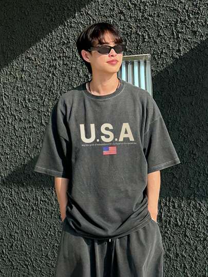 DAZY 男士灰色字母印花做旧水洗短袖T恤，夏季款