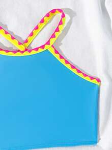 SHEIN 两件套女童比基尼泳衣套装，包括蓝色背心和撞色贝壳边饰泳裤，时尚休闲优雅设计，适合游泳、海滩、泳池、夏季度假等场合。 - 彩色 - 查看 4