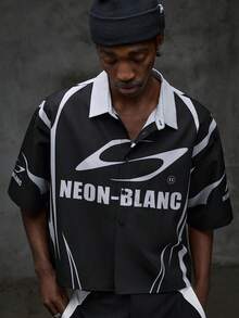 NEON BLANC Herrskjorta med kort ärm och bokstavstryck, sommar, avslappnad - Svart och Vitt - Visa 5