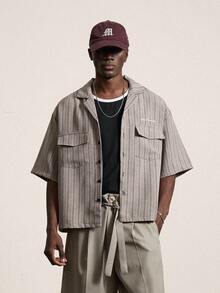 STYNVO Men's Striped Print Front Button Pocket Casual Short Sleeve Shirt - Grey - View 1