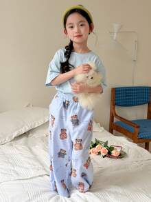 DAZY 2件套少女休闲圆领长袖针织上衣和裤子家居服套装，秋季 - 藍色 - 查看 3
