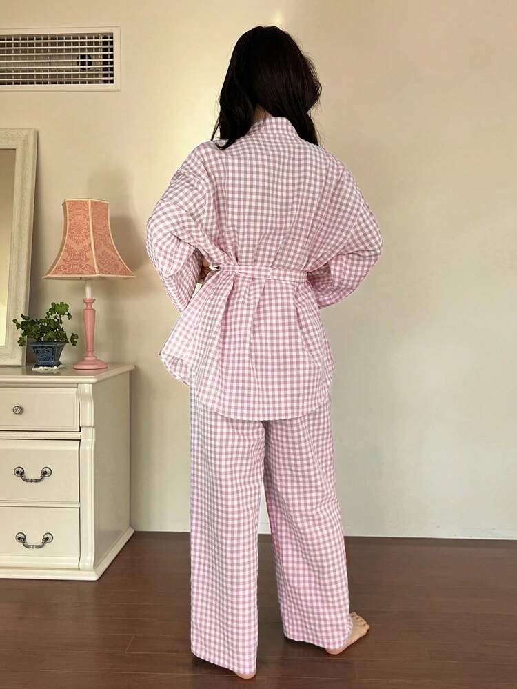 2pcs Plaid Pattern Oblique Placket Loose Long Sleeve Top And Straight Leg Long Pants Women Pajama Set, Spring