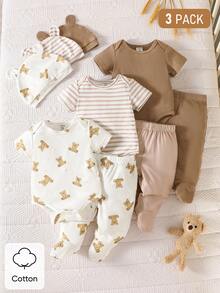 SHEIN 3pcs/Set Newborn Unisex White Cute Bear & Ribbed Pattern Cotton Outfit Short Sleeve Bodysuit Pants Hat Soft Autumn Family Matching Neutral Clothes - Multicolor - View 3