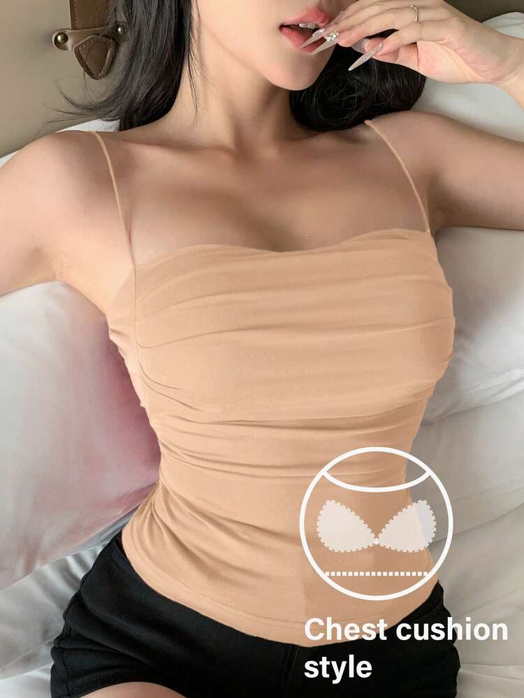 Built-In Padded Ruched Design Fitted Camisole Tank Top