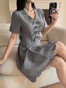 Feyla Elegant Ruffle Hem Bow Tie Dress For Women - Grey - View 4