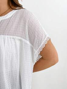 大码女装春夏时尚休闲宽松舒适日常显瘦纹理面料薄纱白色短袖上衣，夏季服装，女士衬衫，度假装，外出上衣 - 白色 - 查看 5