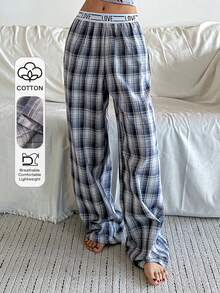DAZY Letter Tape Waistband Loose Plaid Pajama Pants, Women Sleepwear Bottom - Blue - View 5