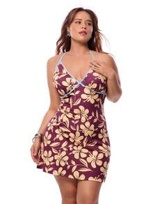 Solavibe Women's Plus Size Pink Floral Halter Neck Dress,Summer Boho Vacation Holiday Resort Wear,Slim Fit Spaghetti Strap Cami Mini Flowy Ditsy Floral Dress - Brown - View 5