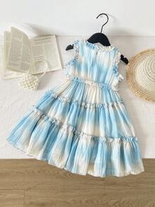 Elladie kids 女童夏季无袖连衣裙，时尚夏季雪纺公主裙，柔和蓝白扎染，褶皱面料，层叠荷叶边下摆，收腰设计，甜美活泼，适合春夏外出穿着 - 彩色 - 查看 2