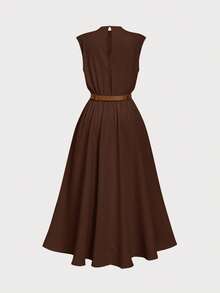 Firerie Kids NovaGlow Tween Girl Tween Girls Casual Chic Commuter Stand Collar Flare Waist A-Line Long Dress, Brown - Brown - View 3